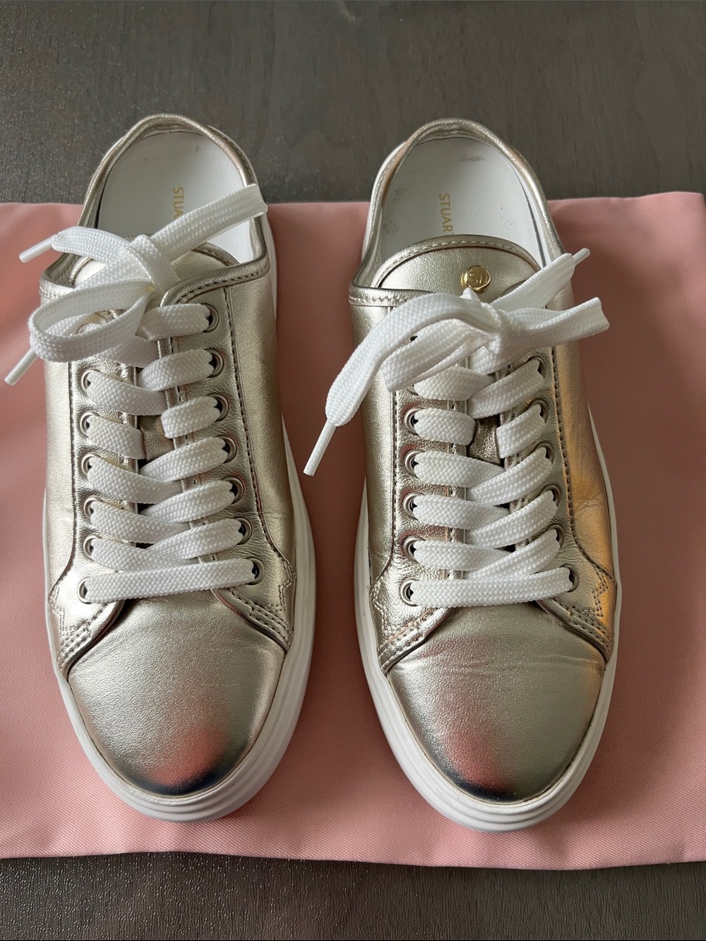 Stuart Weitzman Metallic Gold Low-Top Sneakers with White Laces